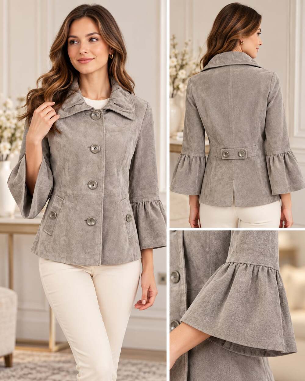 Terry Lewis Leather Jacket Size M Gray Suede Bell Sleeve Coat